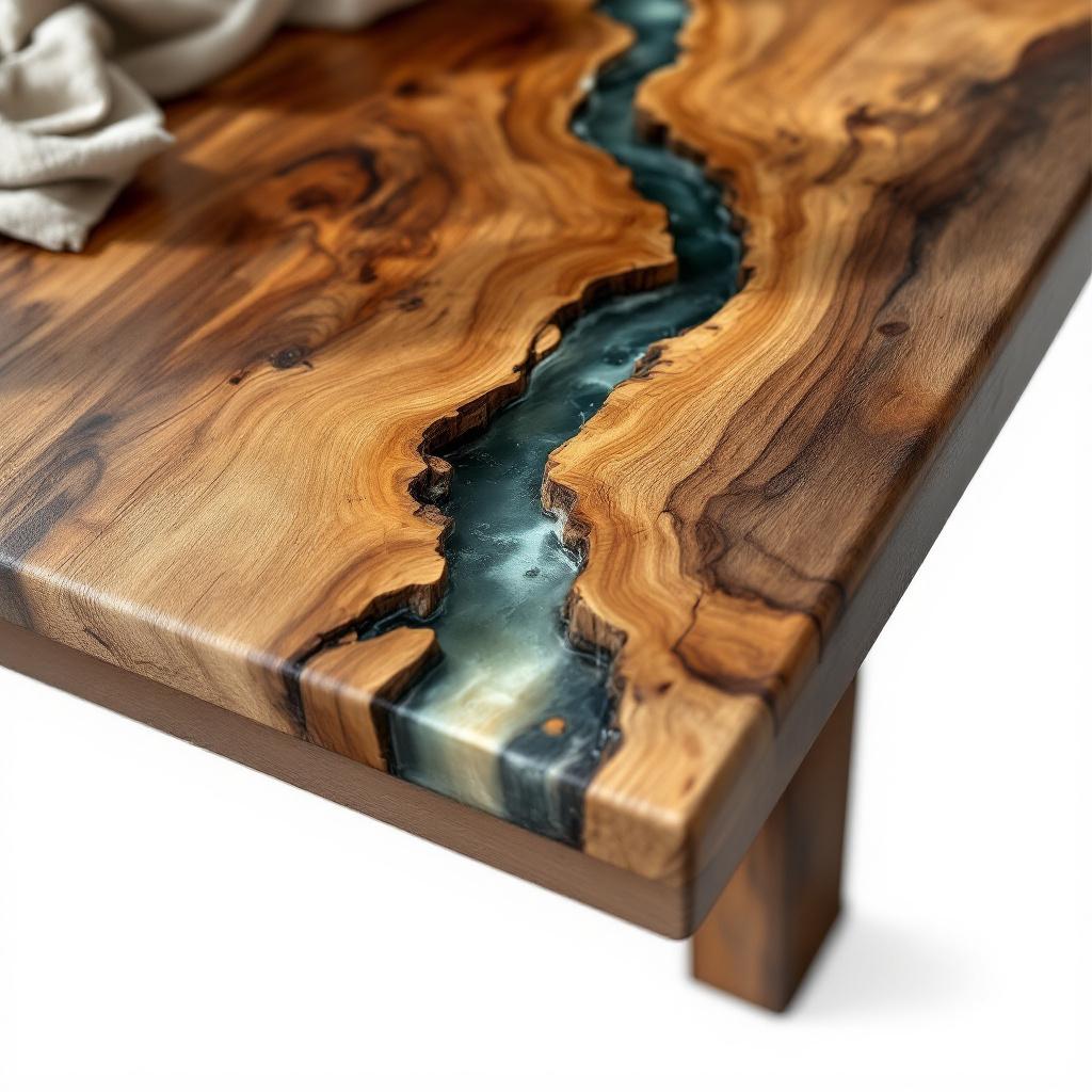Marble River Table — Handcrafted acacia wood table with unique resin river inlay, perfect for dining