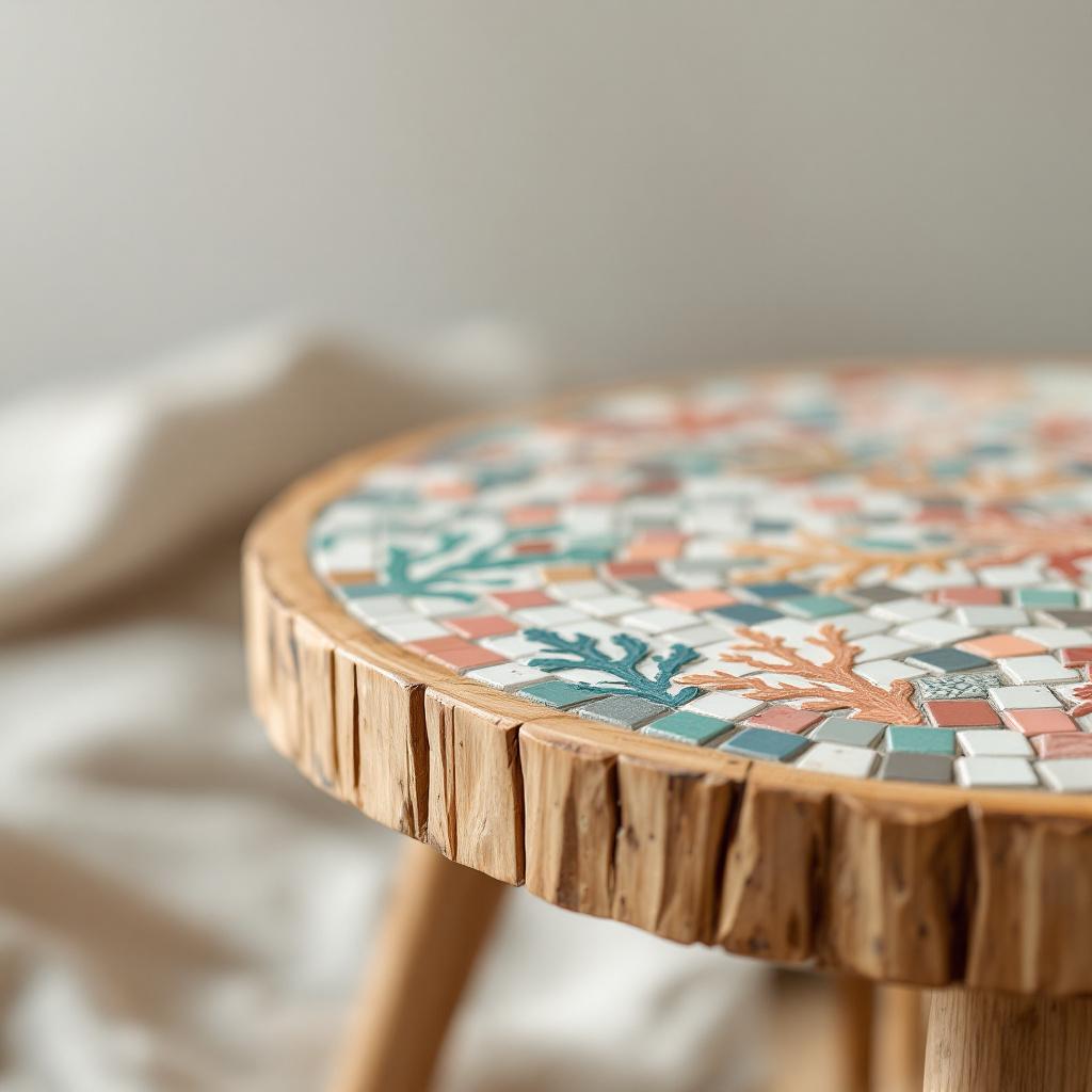 Palma Coral Mosaic Table — A handcrafted mosaic table featuring coral-patterned tiles and reclaimed wood, i
