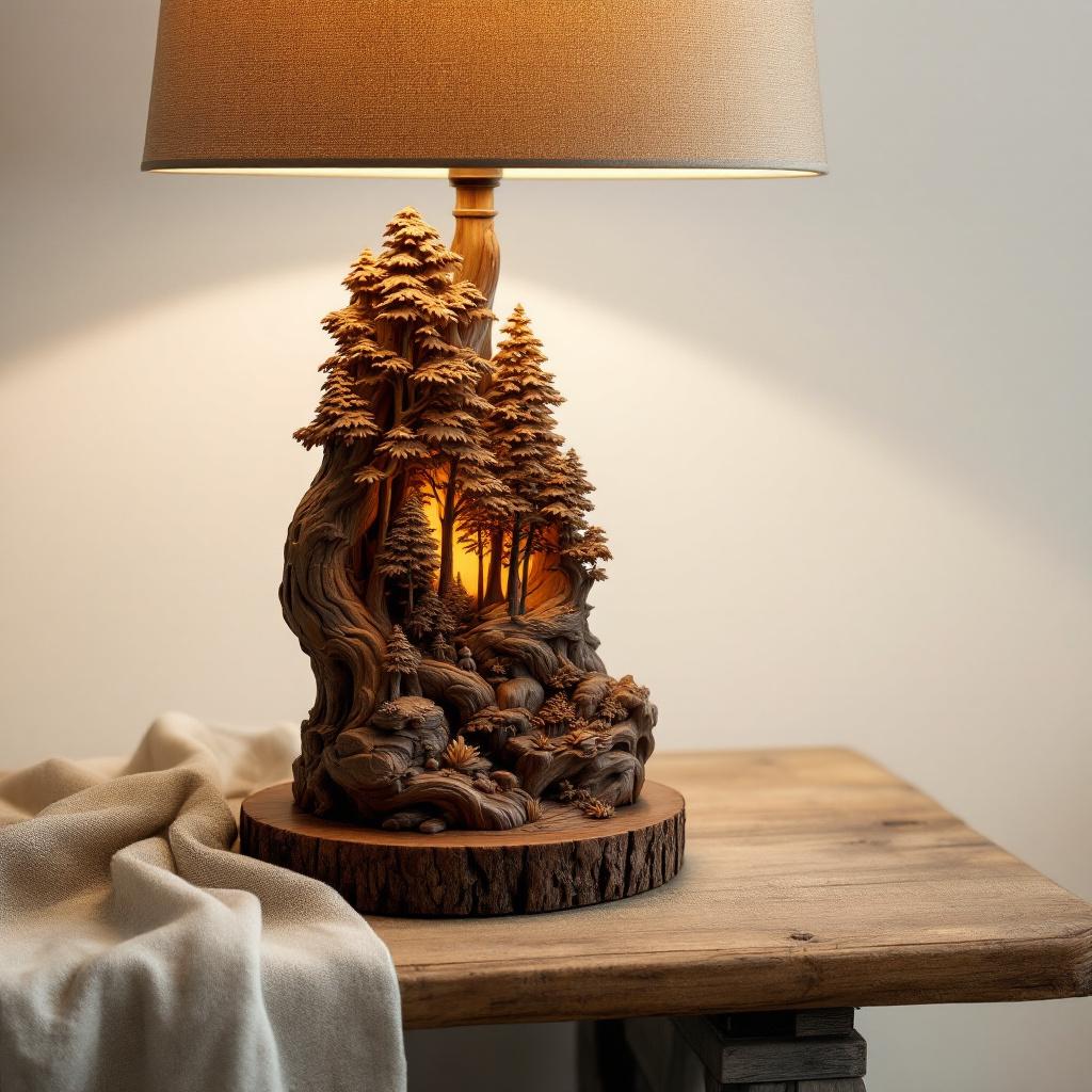 Ravenwood Sculpture Lamp — Handcrafted walnut lamp featuring a unique sculpture base and hand-blown glass s